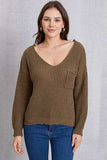 V-Neck Pocketed Dropped Shoulder Knit Top - Trendsi - Flyclothing LLC
