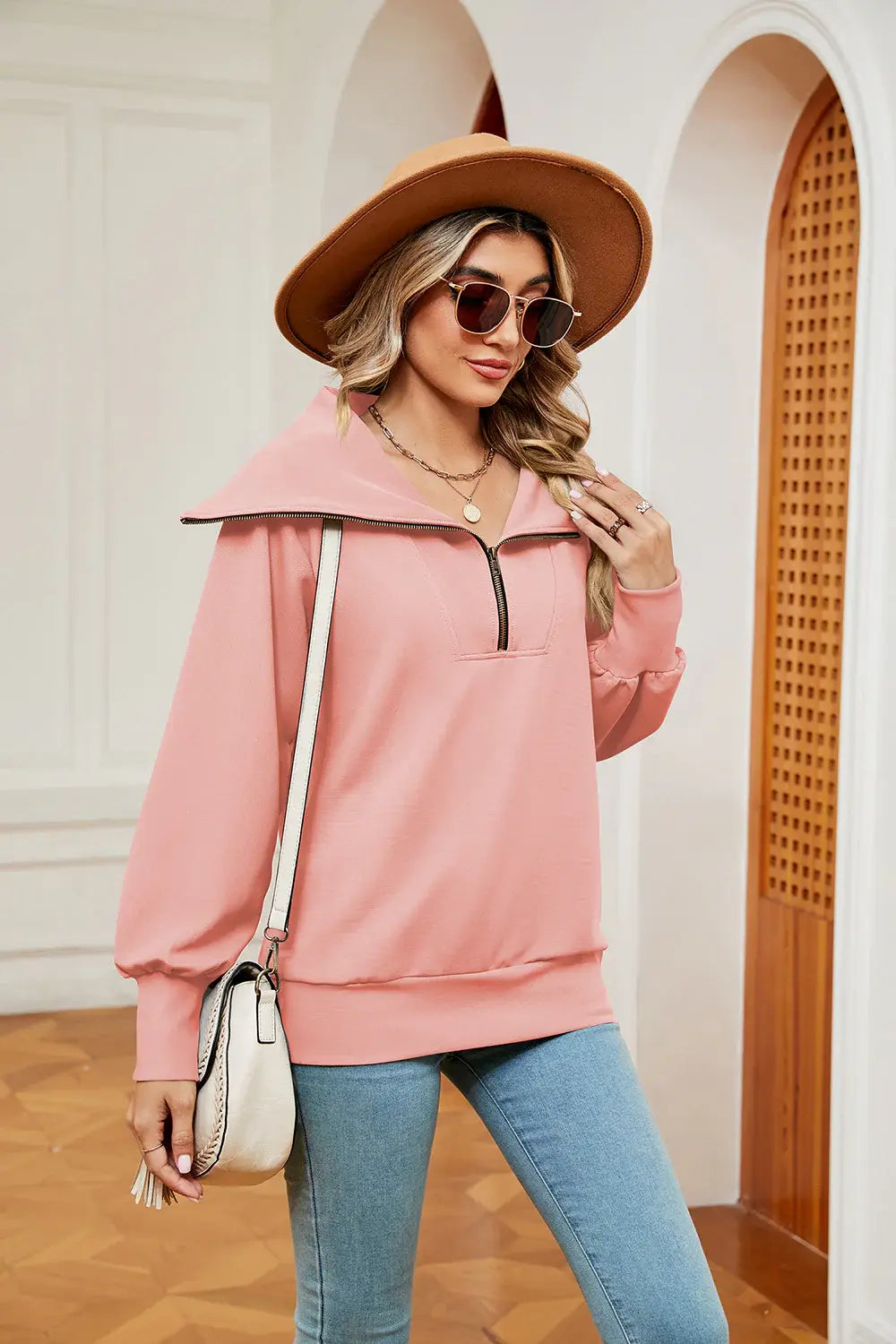 Half-Zip Collared Sweatshirt - Trendsi - Flyclothing LLC