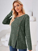 Ribbed Buttoned Round Neck Slit T-Shirt - Trendsi - Flyclothing LLC