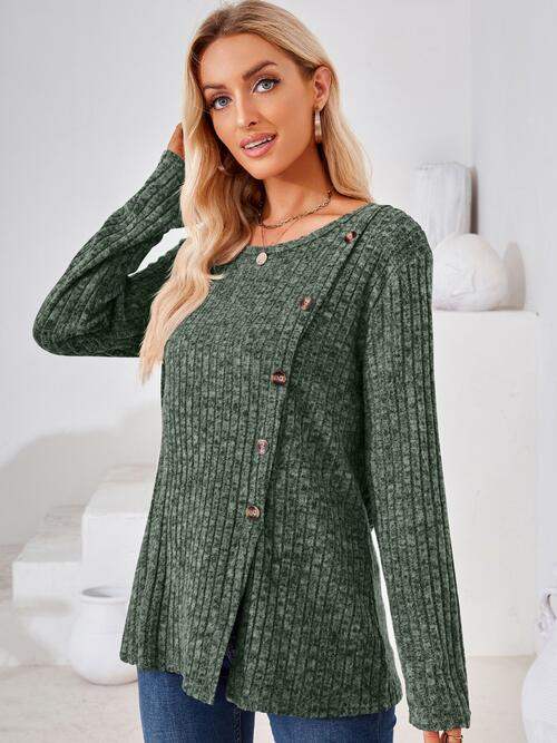 Ribbed Buttoned Round Neck Slit T-Shirt - Trendsi - Flyclothing LLC