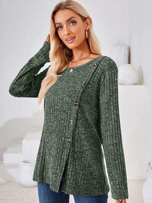 Ribbed Buttoned Round Neck Slit T-Shirt - Trendsi - Flyclothing LLC