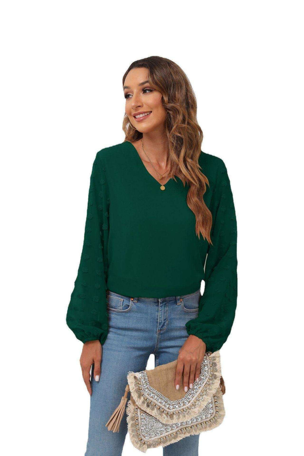 Swiss Dot Balloon Sleeve Blouse - Trendsi - Flyclothing LLC