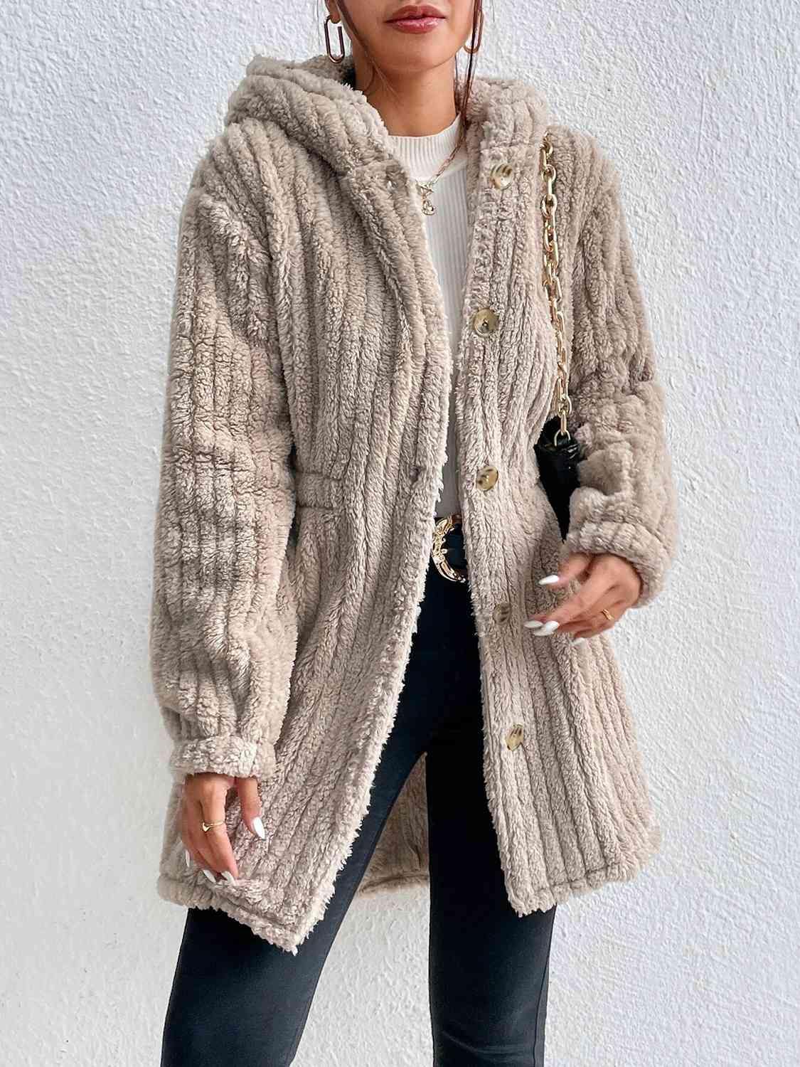 Button Down Hooded Coat - Trendsi