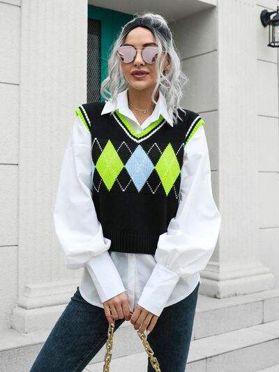 Geometric V-Neck Sweater Vest - Trendsi - Flyclothing LLC