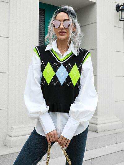 Geometric V-Neck Sweater Vest - Trendsi - Flyclothing LLC
