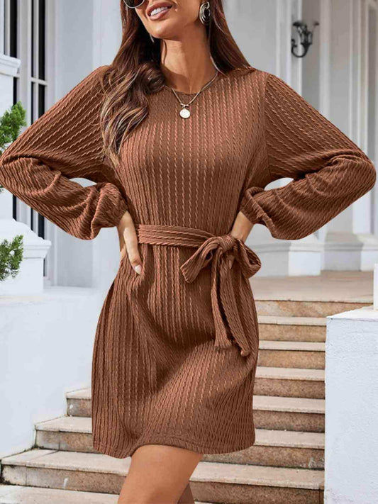 Round Neck Tie Front Long Sleeve Dress - Trendsi - Flyclothing LLC