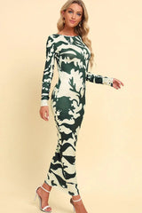 Printed Backless Long Sleeve Maxi Dress - Trendsi - Flyclothing LLC