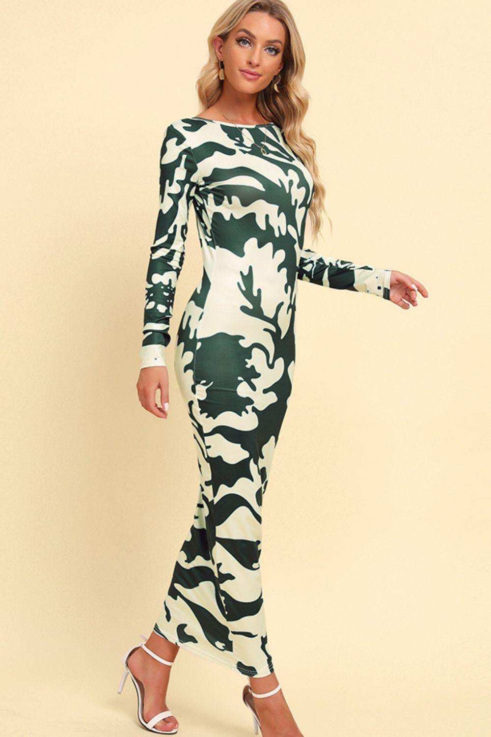 Printed Backless Long Sleeve Maxi Dress - Trendsi - Flyclothing LLC
