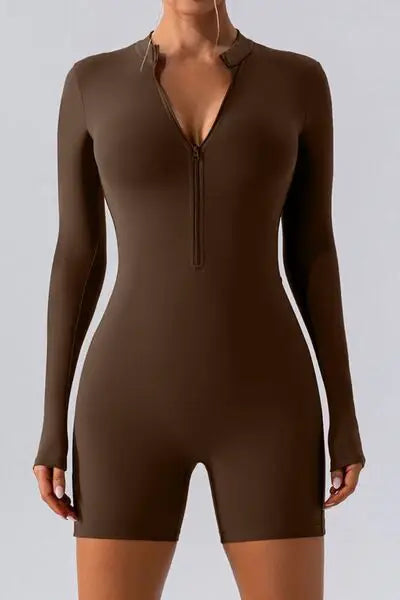 Half Zip Long Sleeve Active Romper - Trendsi - Flyclothing LLC