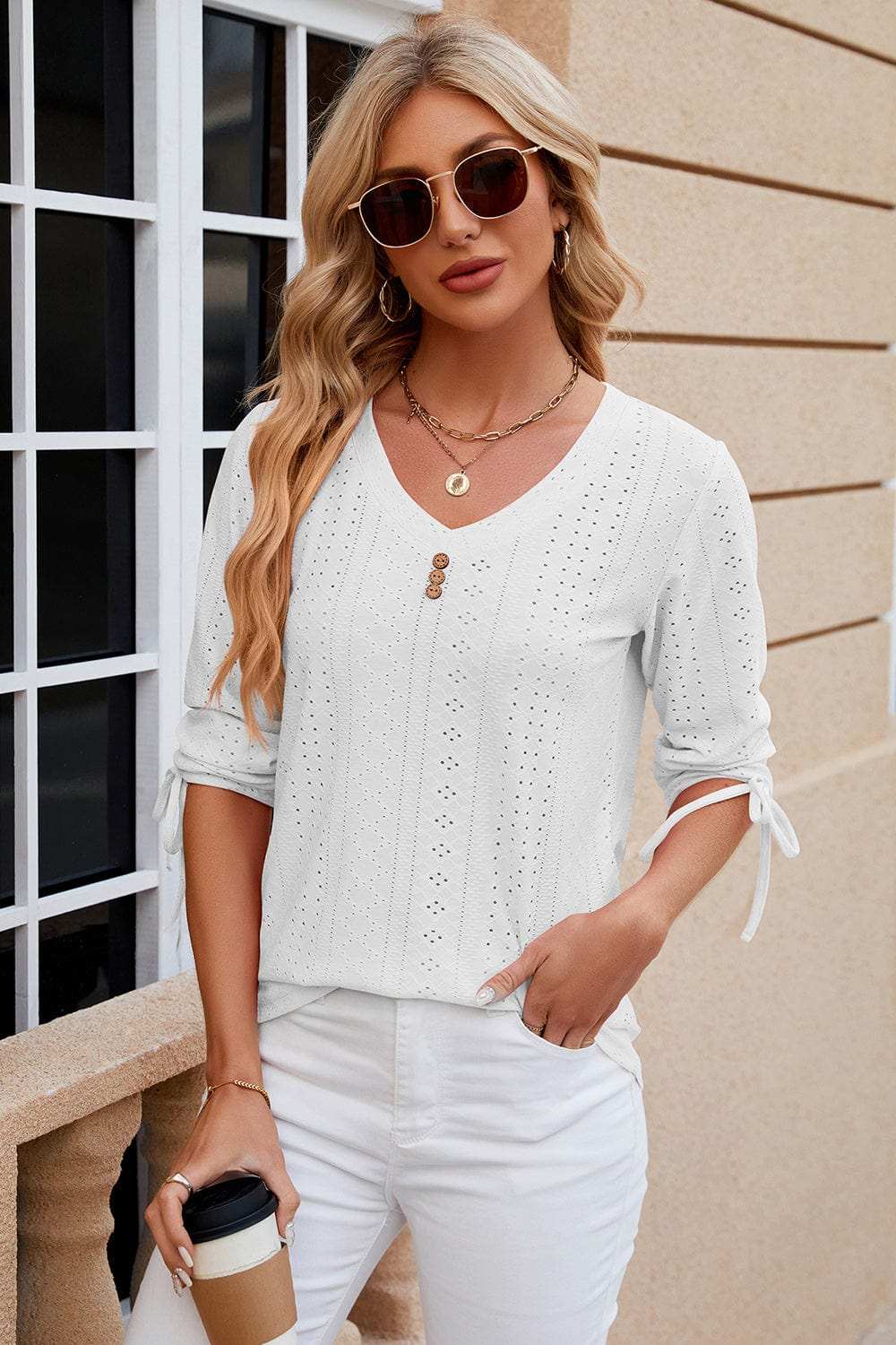 Eyelet Drawstring V-Neck Half Sleeve T-Shirt - Trendsi - Flyclothing LLC
