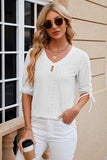 Eyelet Drawstring V-Neck Half Sleeve T-Shirt - Trendsi - Flyclothing LLC