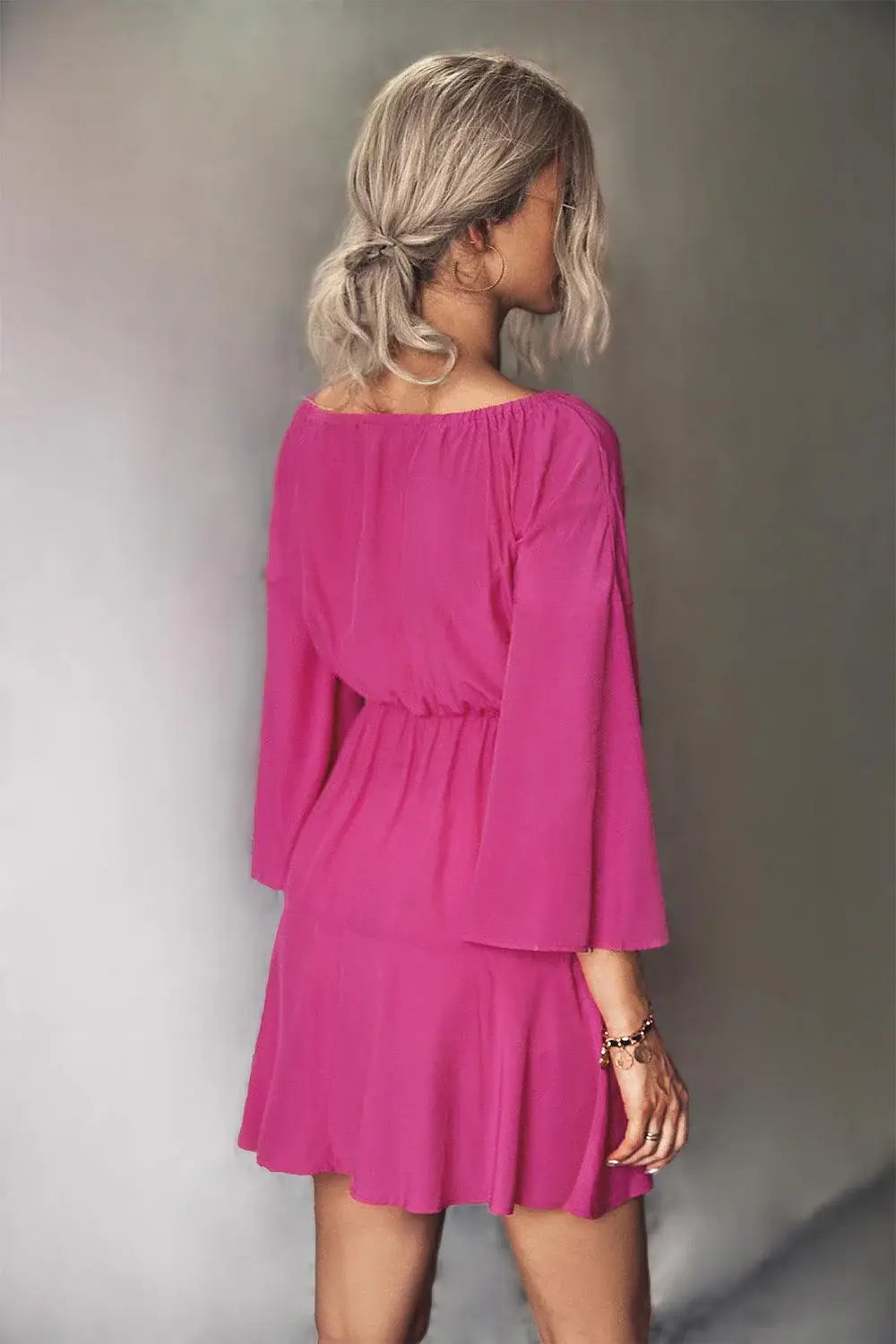 Tie Neck Flare Sleeve Mini Dress - Trendsi - Flyclothing LLC