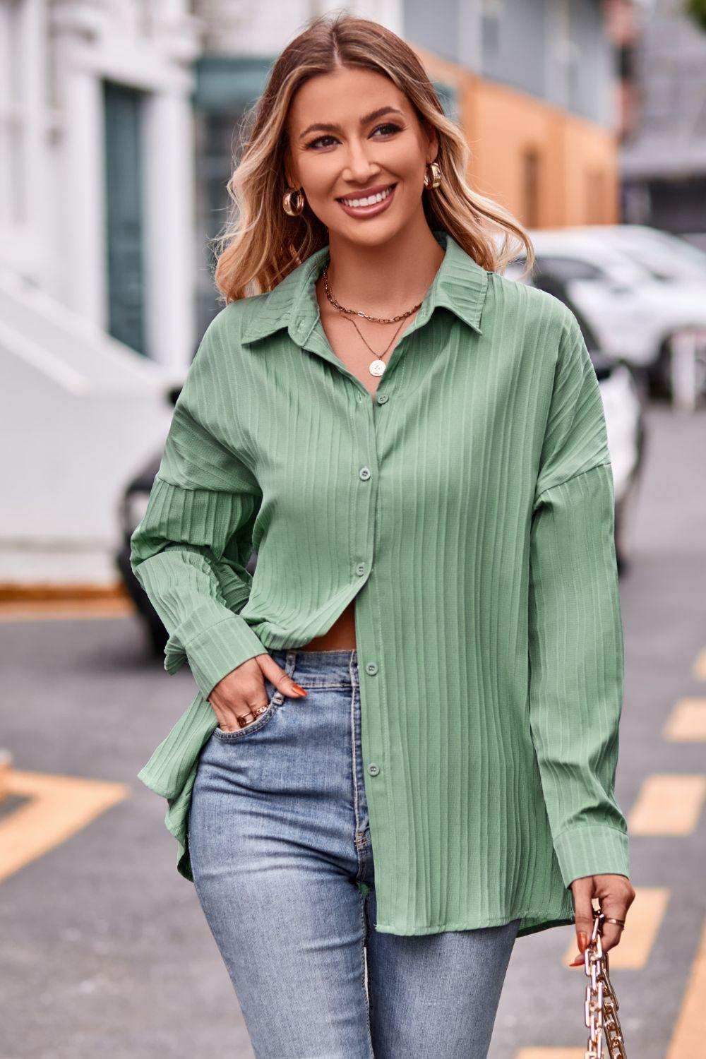 Slit Dropped Shoulder Longline Shirt - Trendsi - Flyclothing LLC