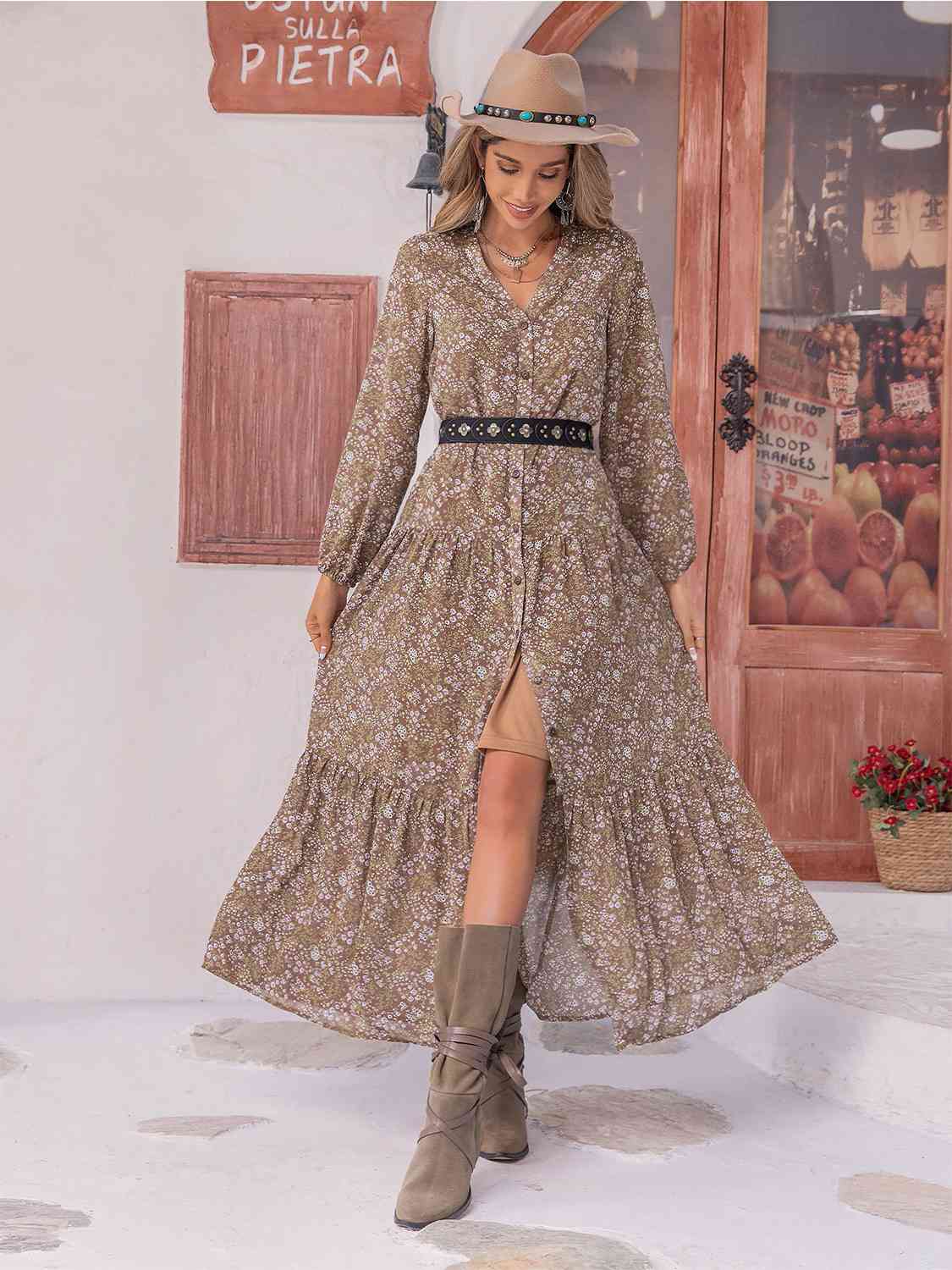 Floral Button Up V-Neck Tiered Dress - Trendsi - Flyclothing LLC