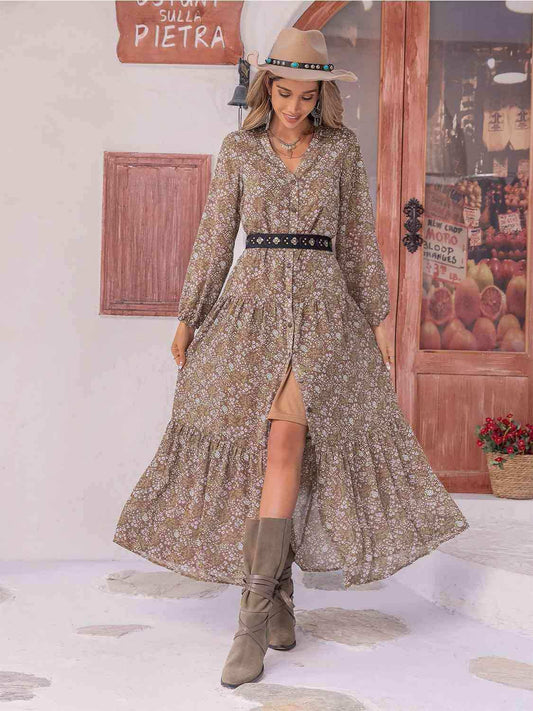 Floral Button Up V-Neck Tiered Dress - Trendsi - Flyclothing LLC