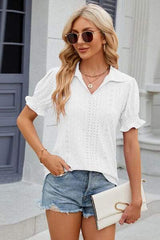 Eyelet Johnny Collar Short Sleeve Blouse - Trendsi - Flyclothing LLC