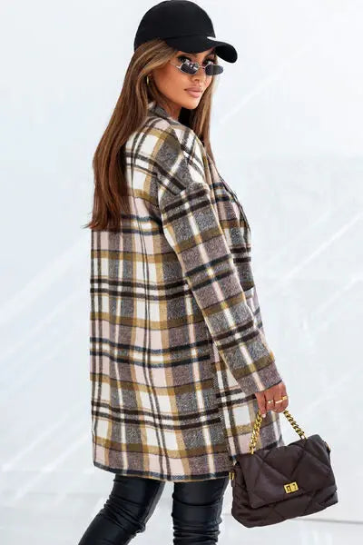 Plaid Longline Jacket with Pockets - Trendsi - Flyclothing LLC
