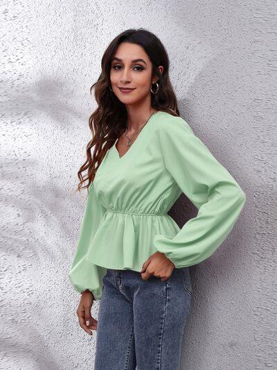 V-Neck Balloon Sleeve Peplum Blouse - Flyclothing LLC