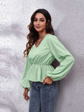 V-Neck Balloon Sleeve Peplum Blouse - Trendsi - Flyclothing LLC