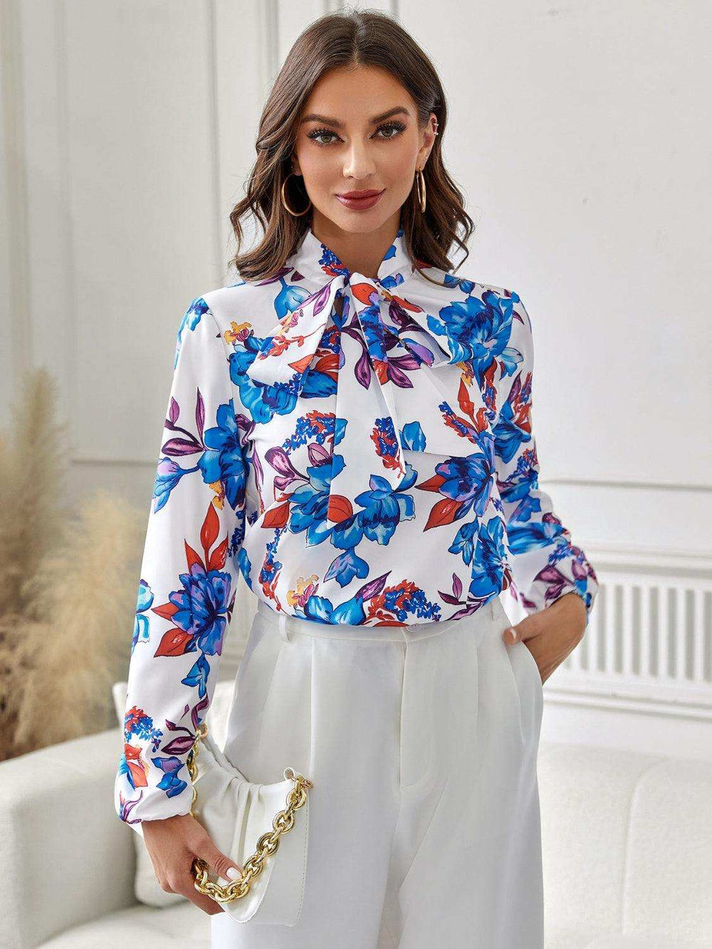 Floral Tie Neck Long Sleeve Blouse - Trendsi - Flyclothing LLC