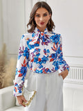 Floral Tie Neck Long Sleeve Blouse - Trendsi