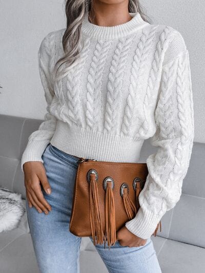 Cable-Knit Round Neck Sweater - Trendsi