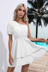 Layered Single Shoulder Flounce Sleeve Mini Dress - Trendsi