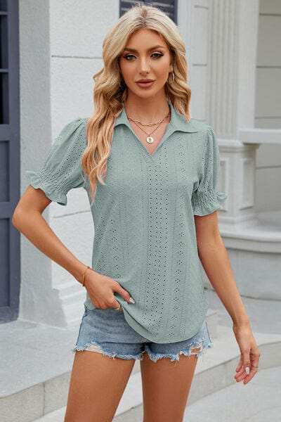 Eyelet Johnny Collar Short Sleeve Blouse - Trendsi - Flyclothing LLC