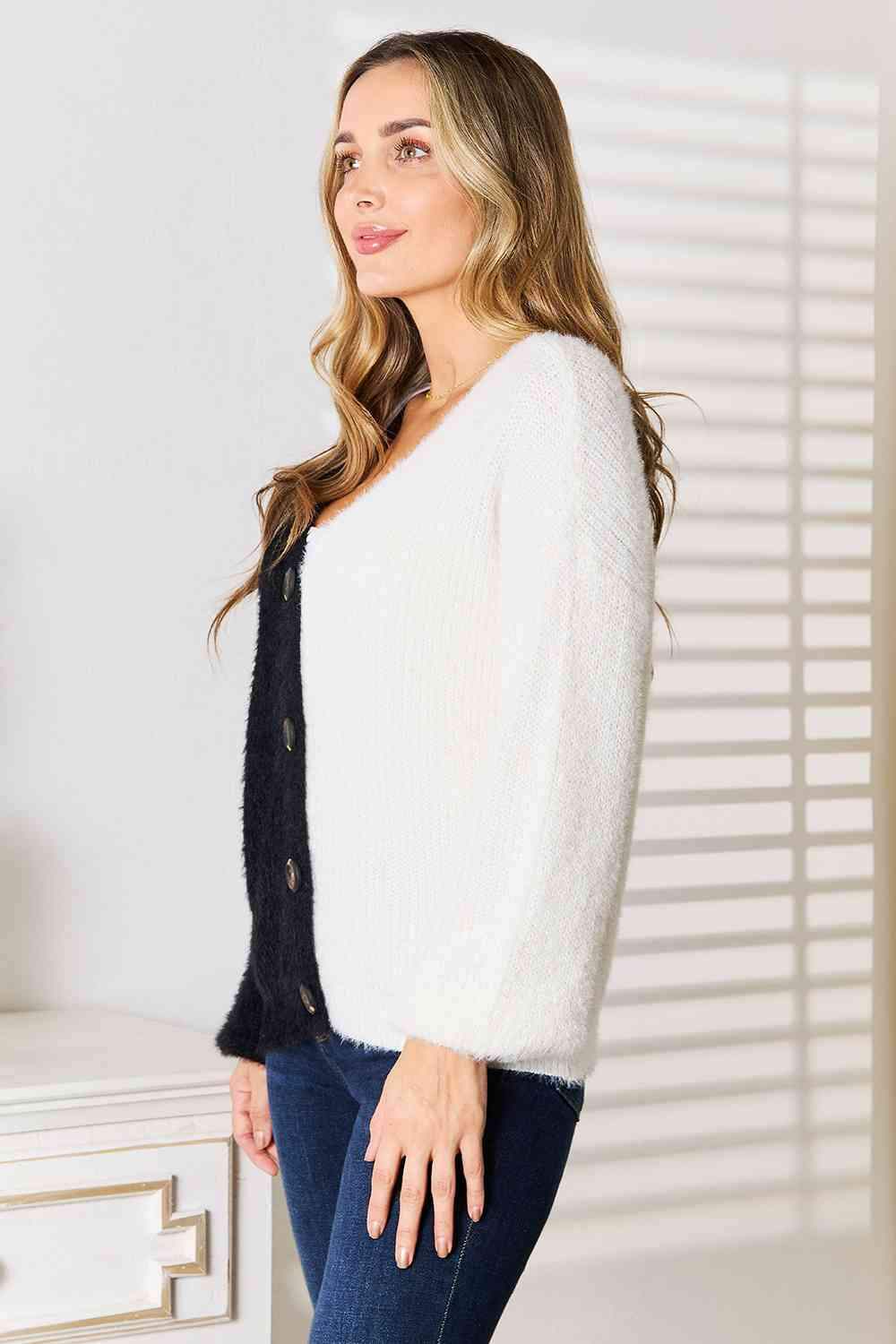 Woven Right Contrast Button-Front V-Neck Cardigan - Trendsi - Flyclothing LLC
