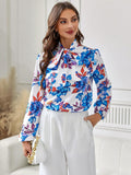 Floral Tie Neck Long Sleeve Blouse - Trendsi