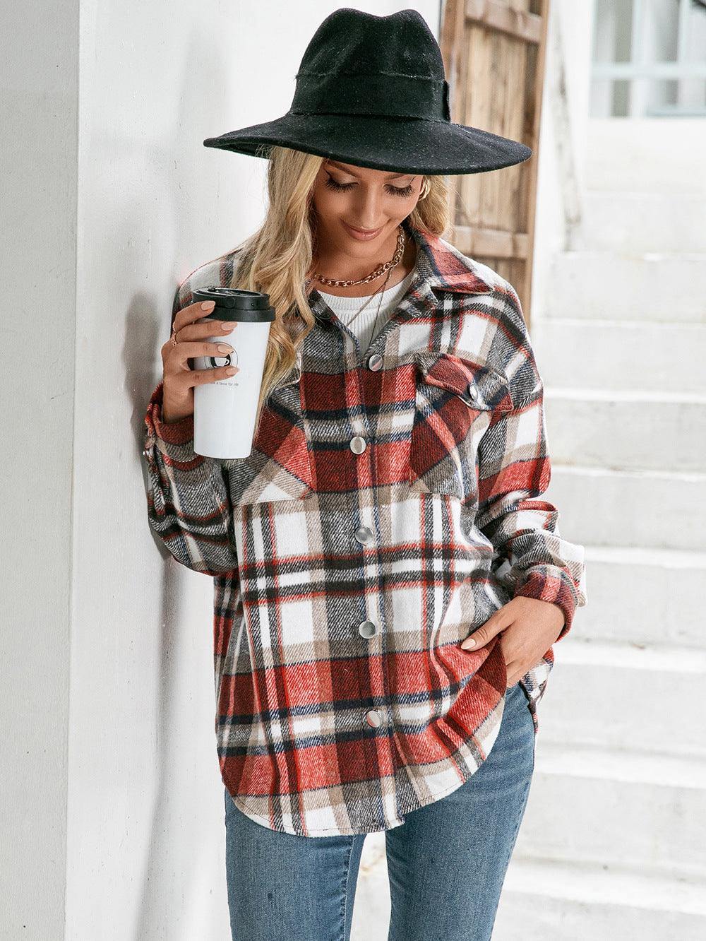 Meet You Outside Plaid Button Down Curved Hem Shacket - Trendsi