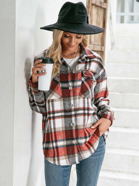 Meet You Outside Plaid Button Down Curved Hem Shacket - Trendsi - Flyclothing LLC