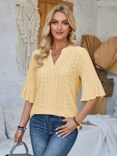 Eyelet Notched Half Sleeve T-Shirt - Trendsi - Flyclothing LLC