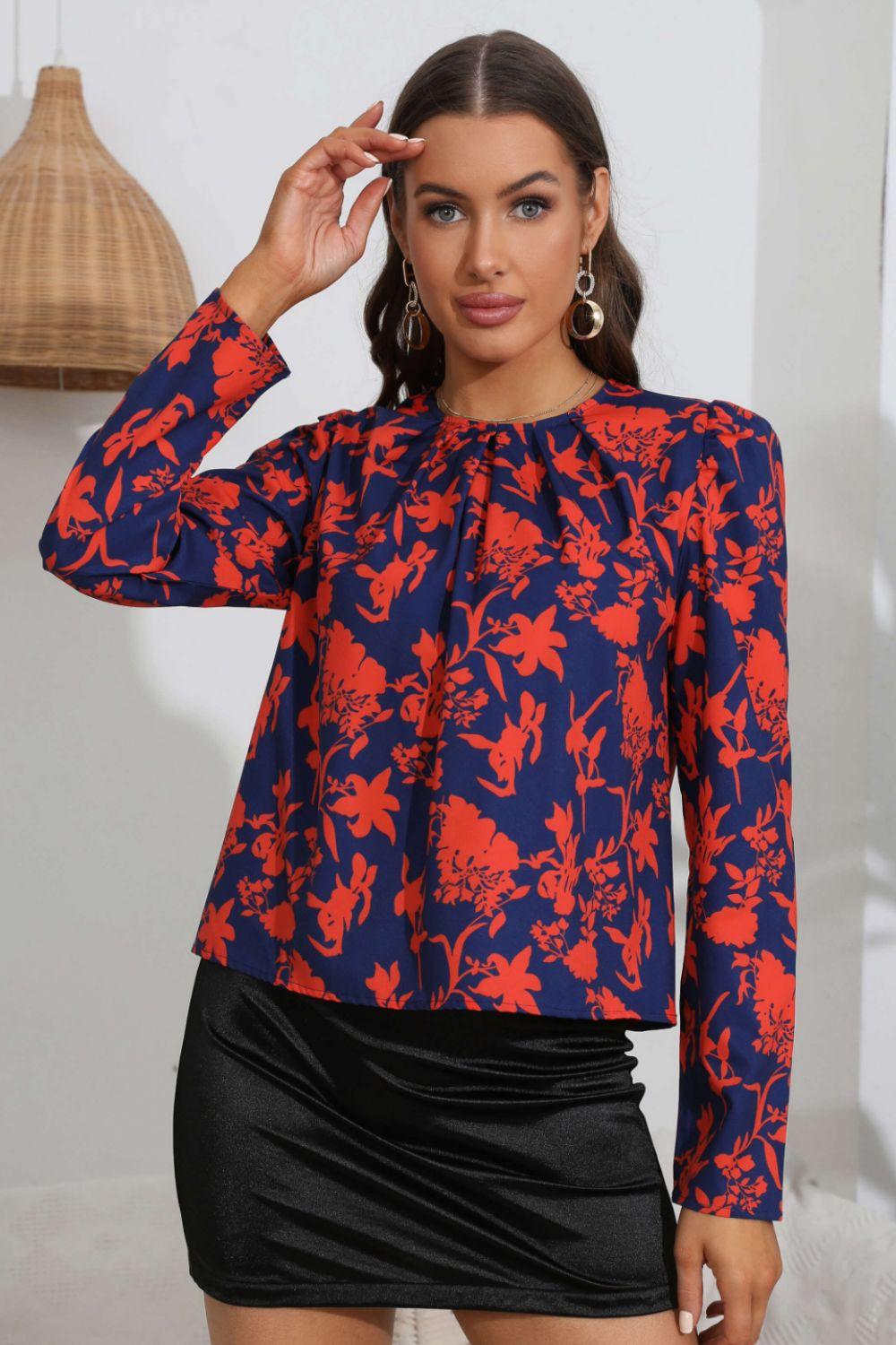Floral Long Puff Sleeve Blouse - Flyclothing LLC