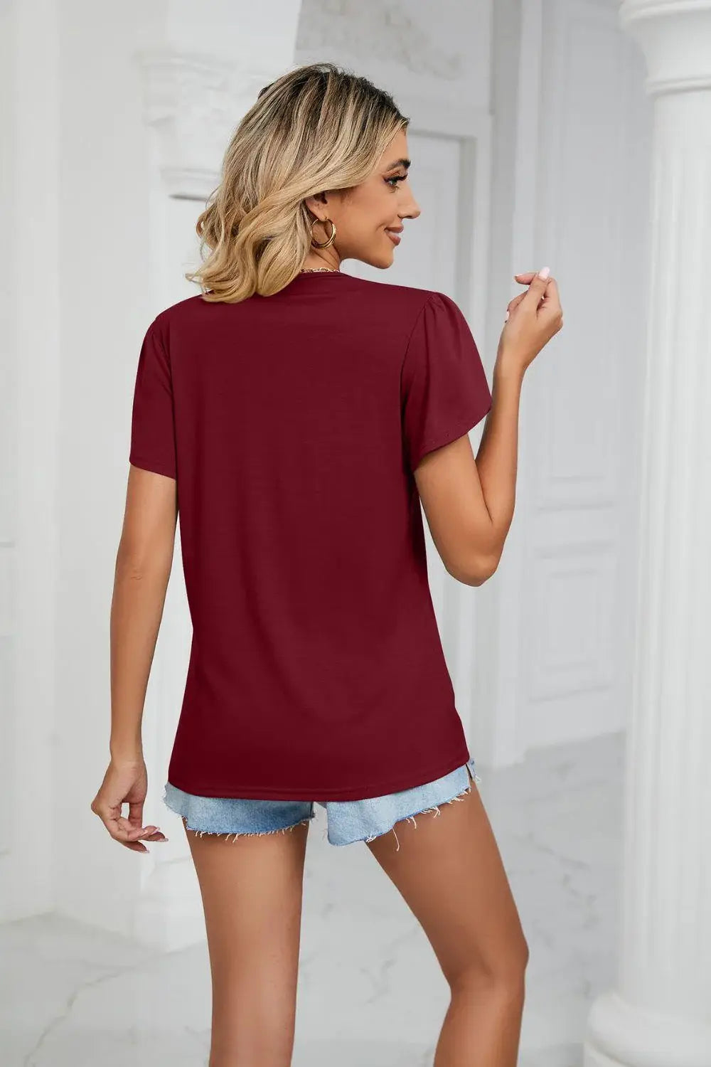 Contrast Trim Petal Sleeve V-Neck Top - Trendsi - Flyclothing LLC