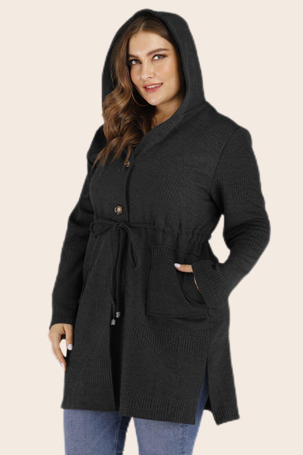 Plus Size Drawstring Waist Hooded Cardigan with Pockets - Flyclothing LLC