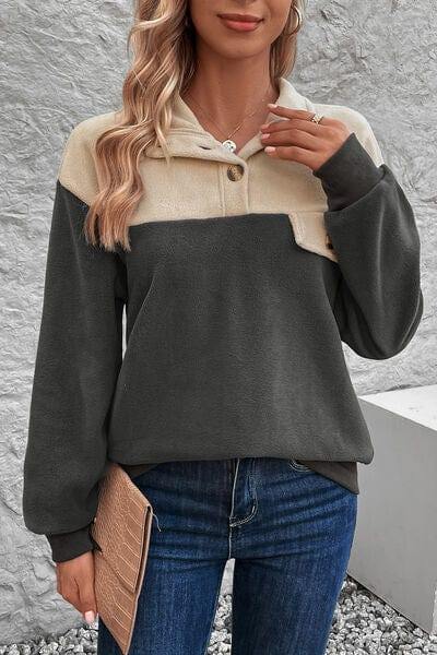 Color Block Quarter Button Dropped Shoulder Sweatshirt - Trendsi