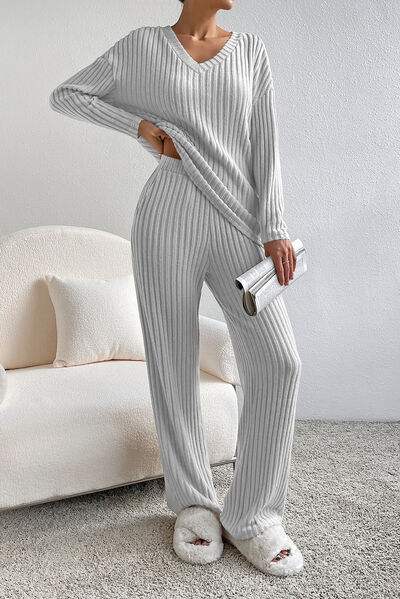 Ribbed V-Neck Top and Pants Lounge Set - Trendsi - Flyclothing LLC