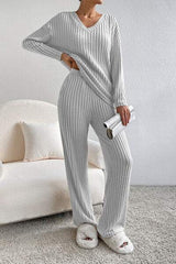 Ribbed V-Neck Top and Pants Lounge Set - Trendsi - Flyclothing LLC