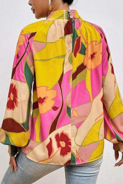 Floral Smocked Lantern Sleeve Mock Neck Blouse - Trendsi - Flyclothing LLC