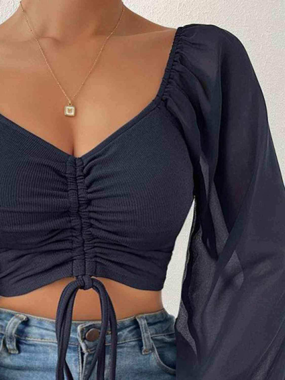 Drawstring Sweetheart Neck Cropped Top - Trendsi - Flyclothing LLC