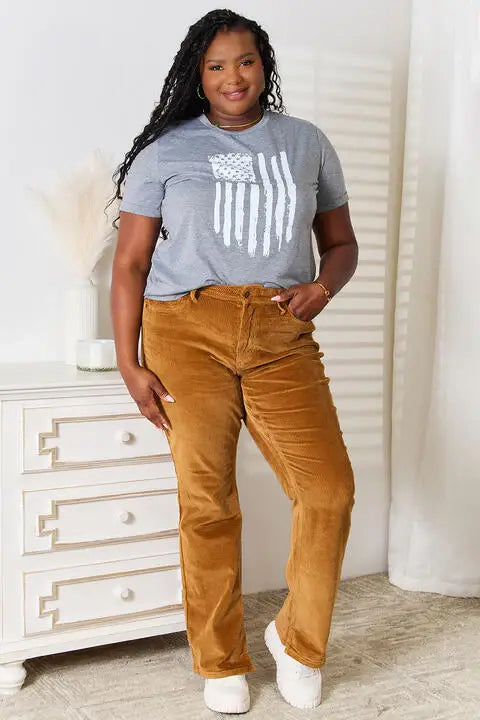 Simply Love US Flag Graphic Cuffed Sleeve T-Shirt - Trendsi - Flyclothing LLC