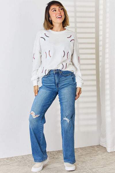 Sequin Ball Round Neck Dropped Shoulder Sweatshirt - Trendsi - Flyclothing LLC