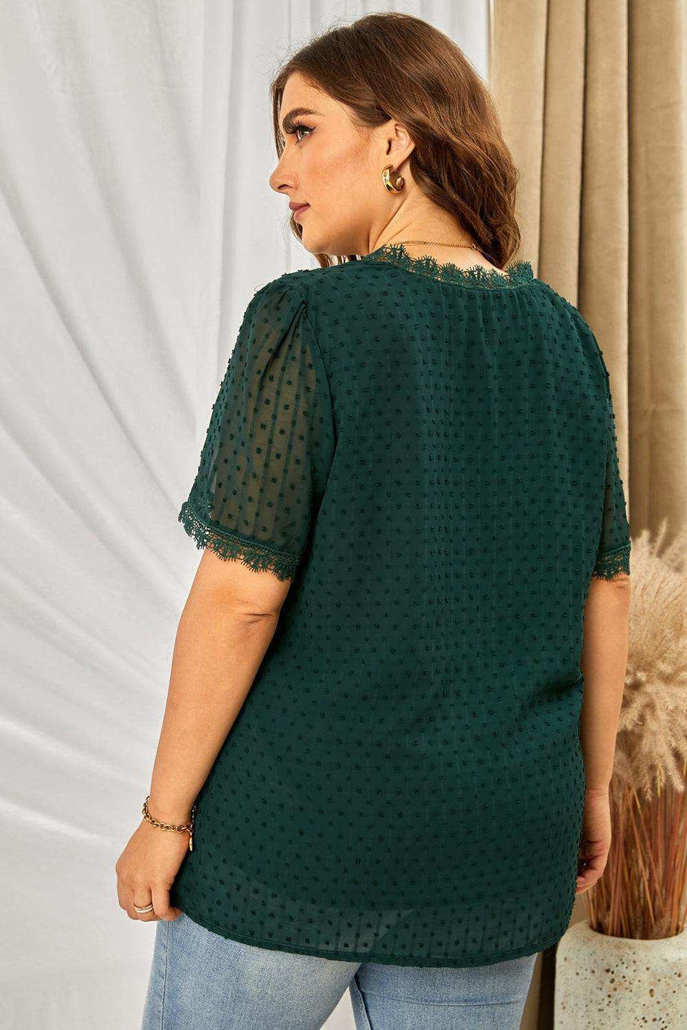 Plus Size Swiss Dot Spliced Lace V-Neck Blouse - Trendsi - Flyclothing LLC