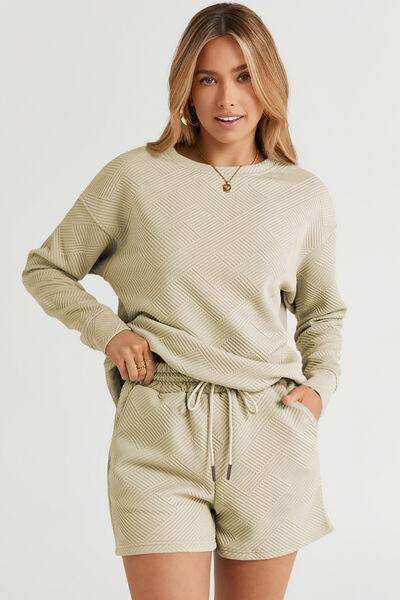 Double Take Full Size Texture Long Sleeve Top and Drawstring Shorts Set - Trendsi - Flyclothing LLC