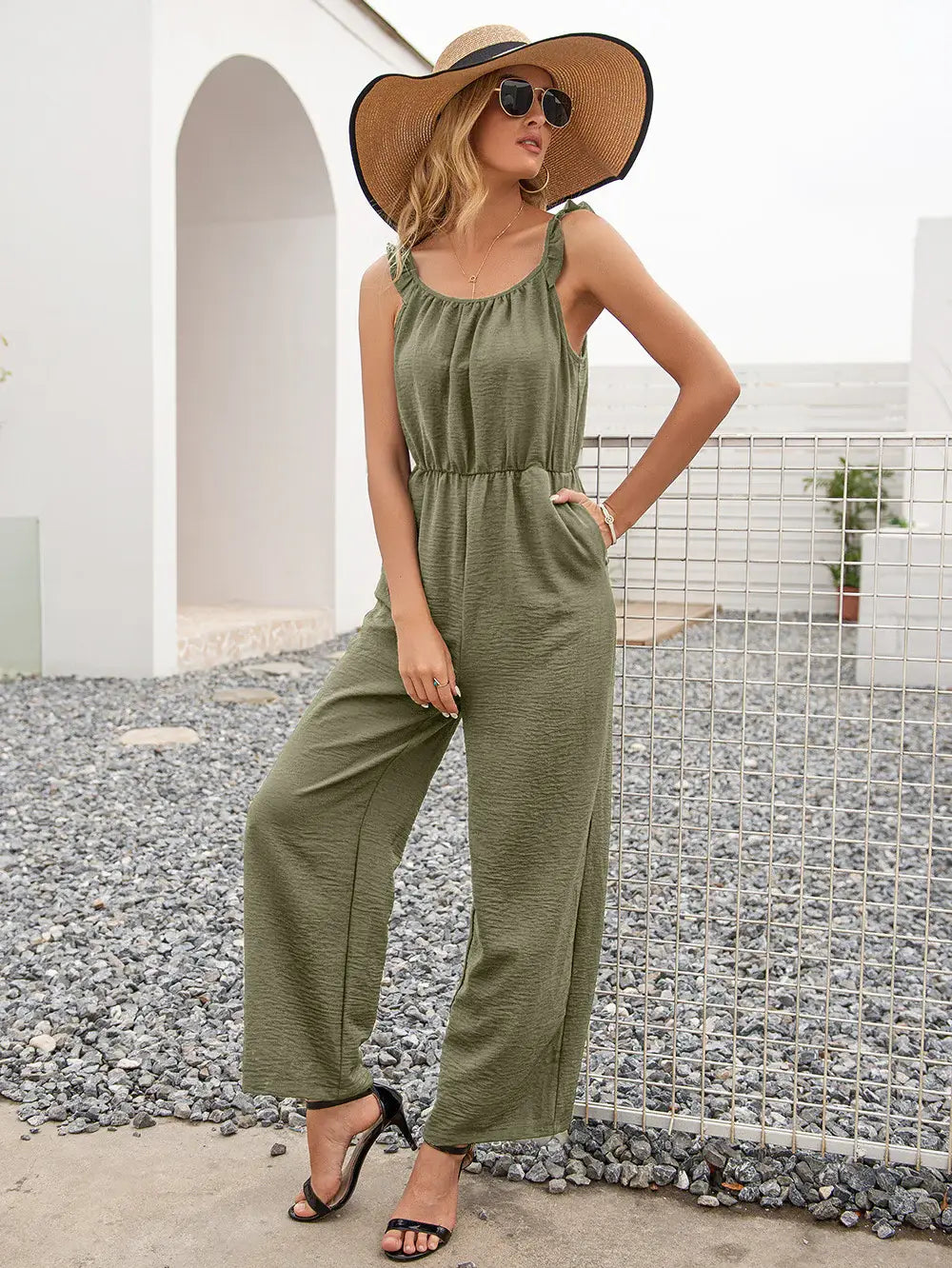 Round Neck Sleeveless Jumpsuit with Pockets - Trendsi - Flyclothing LLC