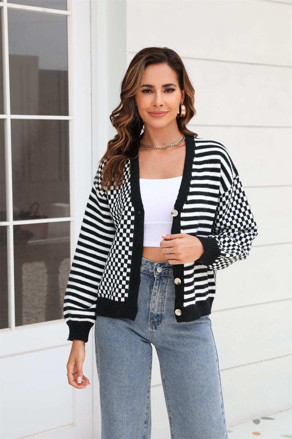 Button-Down Stripe & Plaid Contrast Pattern Cardigan - Trendsi - Flyclothing LLC