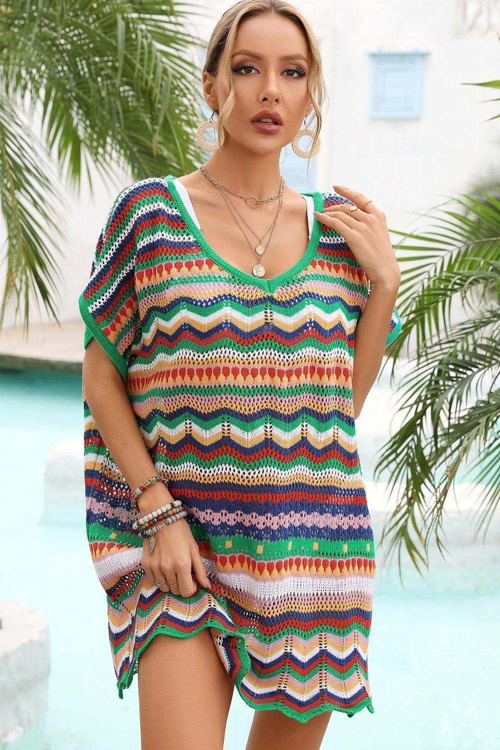 Rainbow Stripe Scalloped V-Neck Cover-Up Dress - Trendsi - Flyclothing LLC
