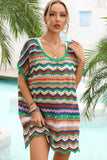 Rainbow Stripe Scalloped V-Neck Cover-Up Dress - Trendsi