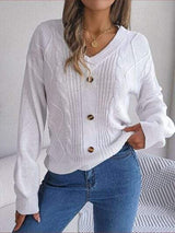 Cable-Knit Buttoned V-Neck Sweater - Trendsi - Flyclothing LLC